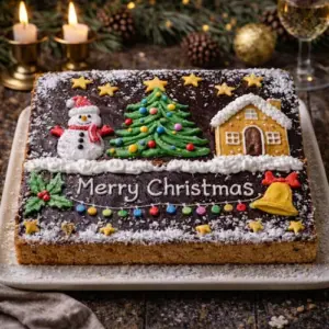 Rechthoekige kerstkoek met chocoladetopping, versierd met glazuurfiguren van een sneeuwpop, kerstboom en huisje, omringd door sterren, kokosrasp en kerstdecoratie.