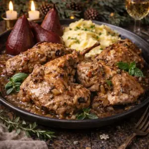Gestoofde konijndelen in kruidige saus geserveerd met romige aardappelpuree en stoofpeertjes, gepresenteerd op een rustieke kersttafel met dennen, kaarsen en feestelijke decoratie.