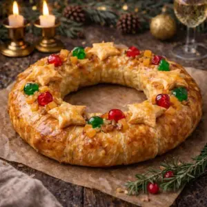 Goudbruine kerstkrans van bladerdeeg gevuld met amandelspijs, versierd met stervormige deegfiguren, gekonfijte kersen en sinaasappelsnippers, op een houten tafel met kerstdecoratie.