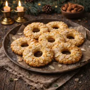 Rustieke schaal met versgebakken kerstkransjes, goudbruin gebakken en rijkelijk bestrooid met amandelschaafsel en suiker, omringd door dennetakken, kaarslicht en een kommetje amandelen op een houten tafel.