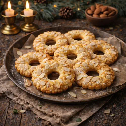 Rustieke schaal met versgebakken kerstkransjes, goudbruin gebakken en rijkelijk bestrooid met amandelschaafsel en suiker, omringd door dennetakken, kaarslicht en een kommetje amandelen op een houten tafel.