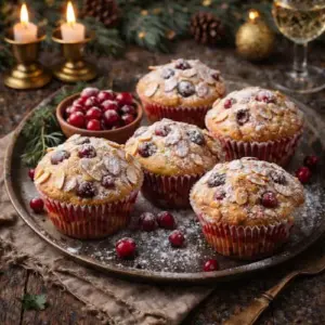 Feestelijke cranberry muffins met amandelschaafsel en poedersuiker, geserveerd op een rustieke schaal met kaarslicht, kerstgroen, cranberries en een glas witte wijn op de achtergrond.