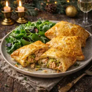 Goudbruin kerstpakketje van bladerdeeg gevuld met zalm en prei, geserveerd met een frisse groene salade op een rustieke houten tafel met kaarslicht, kerstgroen en een glas witte wijn.