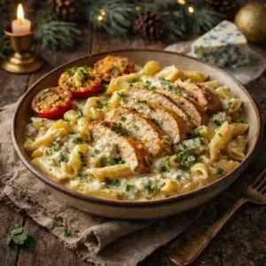 Romige kerstpasta met kipfilet in gorgonzolasaus, geserveerd in een rustieke ovenschaal op een houten tafel met warme sfeerverlichting, kerstgroen en kaarslicht op de achtergrond.