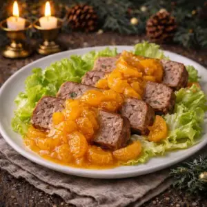 Feestelijk bord met plakjes wildpaté overgoten met sinaasappel-mandarijnsaus op een bedje van sla, met kerstdecoratie op de achtergrond.