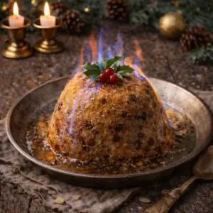 Traditionele kerstpudding op een vintage schaal, omringd door kaarslicht en dennengroen, met blauwe vlammen van brandende rum en een takje hulst bovenop als feestelijke garnering.
