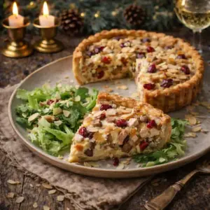 Feestelijke kerstquiche met kalkoen, kastanje en cranberry’s op een rustiek bord, geserveerd met ijsbergsla en geroosterd amandelschaafsel, met kaarslicht en kerstdecoratie op de achtergrond.