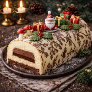 Feestelijke kerststronk gevuld met lagen vanille- en chocolademousse, bedekt met slagroom en marsepeindecoratie, perfect geserveerd voor het kerstdiner.