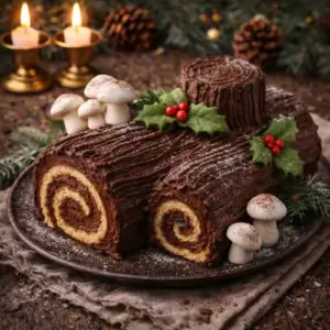 Bûche de Noël met chocoladeglazuur, schuimpaddenstoelen en kerstdecoratie van marsepein op een feestelijke houten tafel.