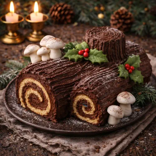 Bûche de Noël met chocoladeglazuur, schuimpaddenstoelen en kerstdecoratie van marsepein op een feestelijke houten tafel.