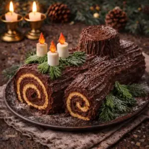 Traditionele kerststol met amandelspijs, rozijnen en poedersuiker op een rustieke houten tafel met kerstdecoratie.