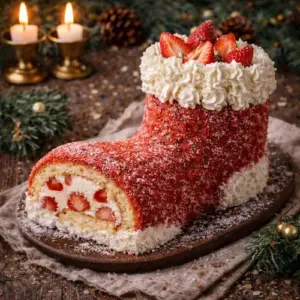 Kerstsok gemaakt van opgerold biscuitdeeg, gevuld met aardbeien en room, versierd met kokos en slagroom, op een houten ondergrond met kerstdecoratie.