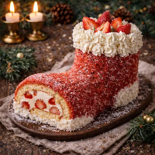 Kerstsok gemaakt van opgerold biscuitdeeg, gevuld met aardbeien en room, versierd met kokos en slagroom, op een houten ondergrond met kerstdecoratie.