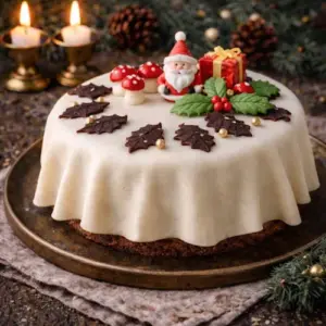 Feestelijke kersttaart met witte marsepein, kerstdecoraties zoals paddestoelen, hulstblaadjes en een kerstmanfiguurtje op een rustieke ondergrond met dennentakken en kaarslicht.