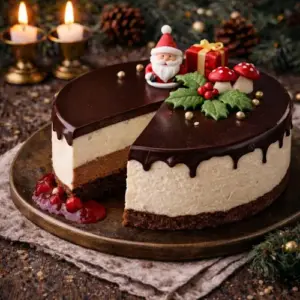 Feestelijke kersttaart met witte chocolademousse en een glanzende chocoladelaag, gedecoreerd met marsepeinen kerstfiguren en rode vruchtensaus.