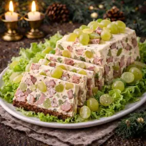 Een feestelijke kerstterrine met stukjes gegrilde ham, witte druiven en romige roomkaas, opgediend op een bedje van sla, perfect als voorgerecht tijdens het kerstdiner.