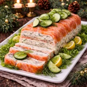 Kerstterrine van gerookte zalm en paling, gegarneerd met komkommer, dille en citroen op een feestelijk opgemaakte schaal.