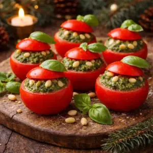 Gevulde kerstomaatjes met groene pesto en pijnboompitten, geserveerd op een houten plank met kerstdecoratie.