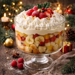 Feestelijke kersttrifle in een glazen schaal met laagjes cake, vers fruit, vla en slagroom, feestelijk gedecoreerd met bessen en kerstversiering.