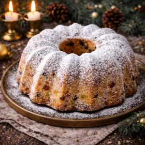 Feestelijke kersttulband met poedersuiker op een rustieke schaal, omringd door dennentakken en kaarslicht.