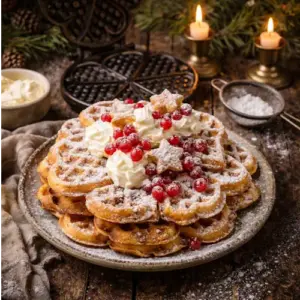 Hartvormige karnemelkwafels bestrooid met poedersuiker en versierd met slagroom, rode bessen en kerstkoekjes, geserveerd op een rustieke houten tafel met kaarslicht en dennentakken.