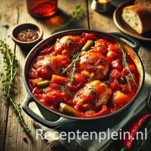 Kip Basquaise op rustieke houten tafel