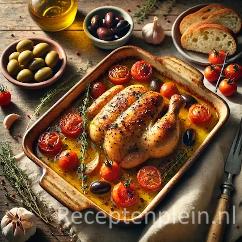 Kip Provençal op rustieke houten tafel