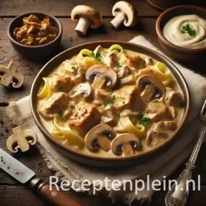 Kip Stroganoff van Astrid Veltman op rustieke houten tafel