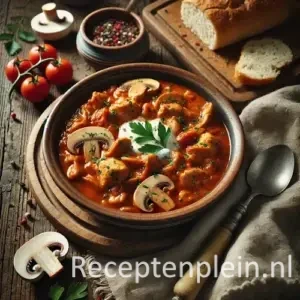Kip champignongoulash op rustieke houten tafel