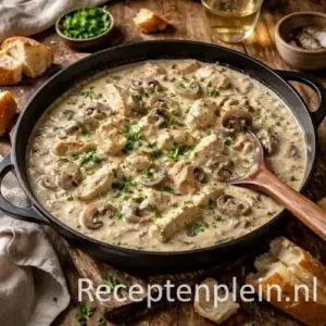 Kip champignonragoût op rustieke houten tafel