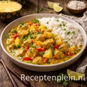 Kip curryschotel met ananas en kokos op rustieke houten tafel