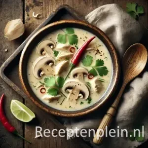 Kip en kokossoep op rustieke houten tafel