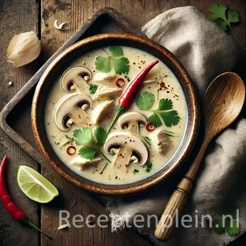 Kip en kokossoep op rustieke houten tafel