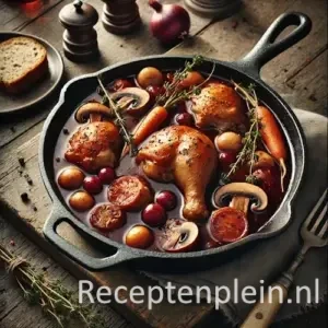 Kip gestoofd in wijn op rustieke houten tafel