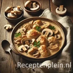 Kip gestoofd met champignons in roomsaus op rustieke houten tafel