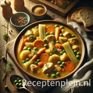 Kip-groentestoofpot op rustieke houten tafel