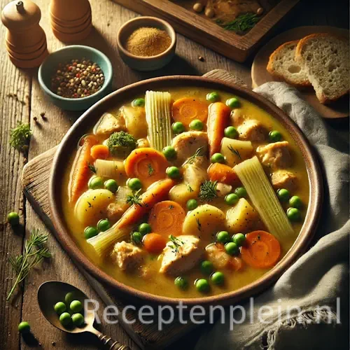 Kip-groentestoofpot op rustieke houten tafel