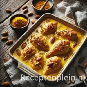 Kip in amandel saffraansaus op rustieke houten tafel