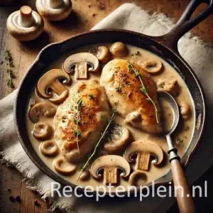 Kip in champignonsaus op rustieke houten tafel
