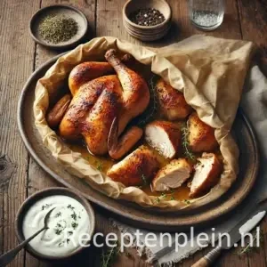 Kip in de braadzak met yoghurt-dragonsaus op rustieke houten tafel