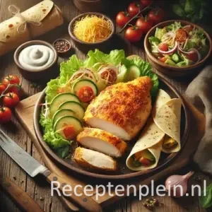 Kip in een knapperig kaasjasje met saladewraps en tortilla's op rustieke houten tafel