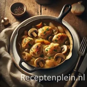 Kip in het pannetje op rustieke houten tafel