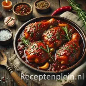 Kip in kruidige saus 2 op rustieke houten tafel