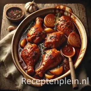 Kip in kruidige saus op rustieke houten tafel
