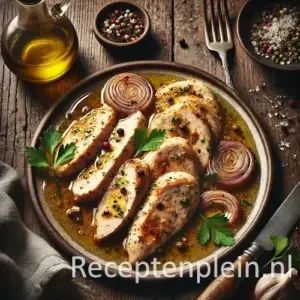 Kip in olie en azijnsaus op rustieke houten tafel