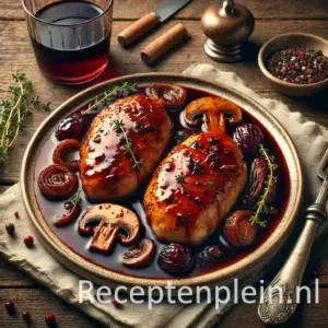 Kip in port op rustieke houten tafel
