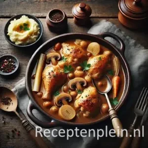 Kip in wijnsaus op rustieke houten tafel
