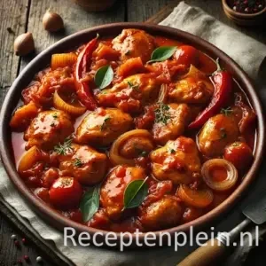Kip in zachtzure tomatensaus op rustieke houten tafel