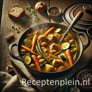 Kip-groentestoofpot 2 op rustieke houten tafel