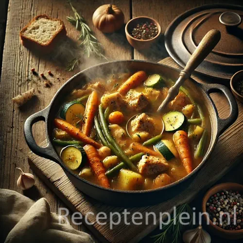 Kip-groentestoofpot 2 op rustieke houten tafel